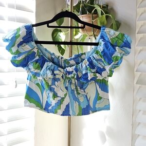 Maeve By Anthropologie Blue and Green Leaf Print Crop Top